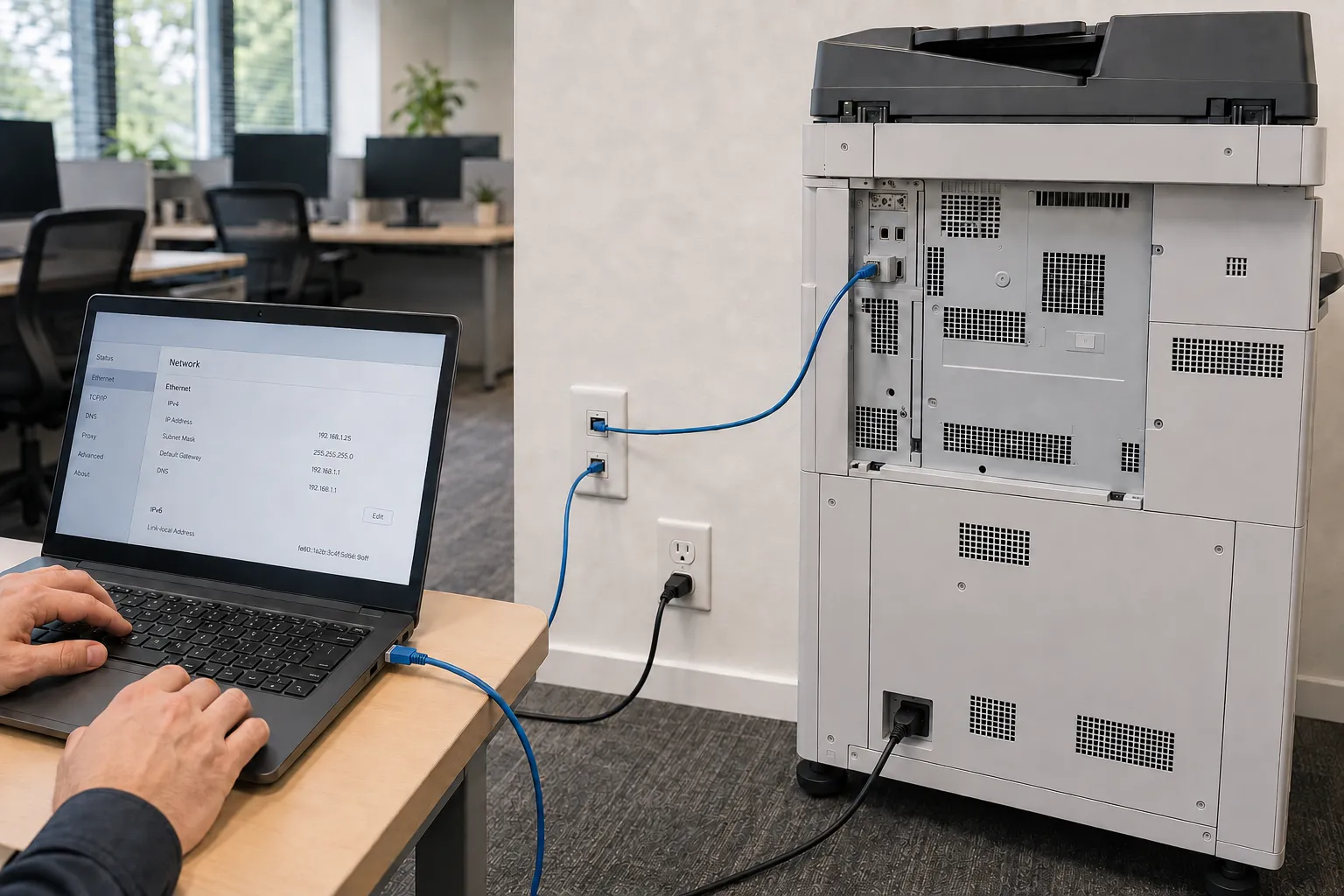 Hands connecting a commercial copier to an office network while configuring a laptop