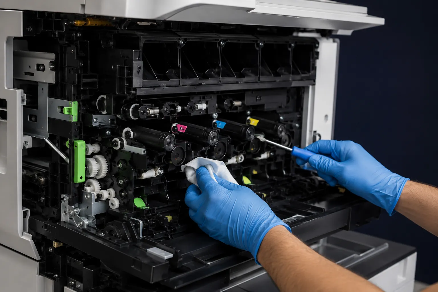 Gloved hands performing preventative maintenance inside a commercial copier