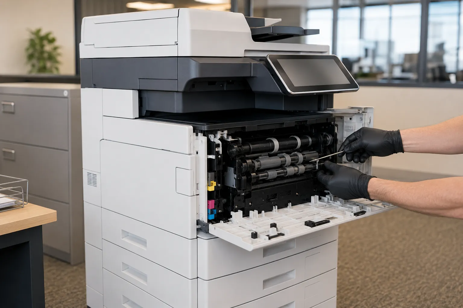 Gloved hands repairing a commercial copier inside a small-business office